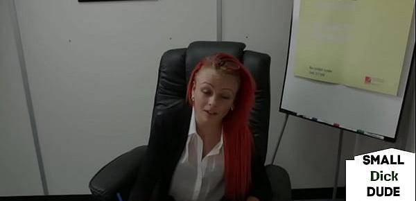  Redhead femdom humiliates tiny dick guy at interview